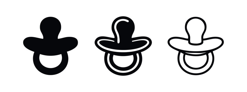 Baby pacifier icon set. Dummy or soother symbol in glyph, outline, and thick line style. Nipple for newborns.