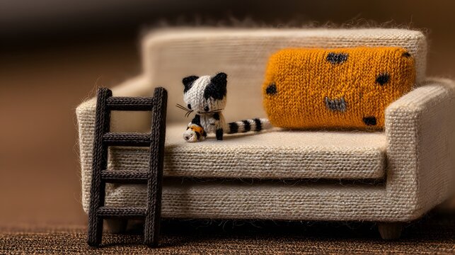 A miniature raccoon figurine on a small couch with a pillow and a ladder, creating a whimsical and cozy scene. The couch and pillow have textures, and the details are finely crafted.