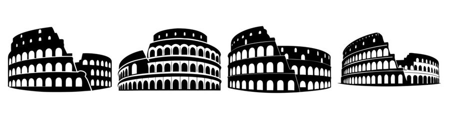 Obraz premium Ancient Roman Colosseum illustration set black white line art historical architecture landmarks vector sketch minimalist design travel icons