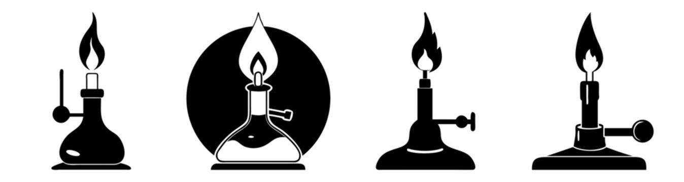 Bunsen burner flame laboratory science experiment vector illustration isolated black background education chemistry