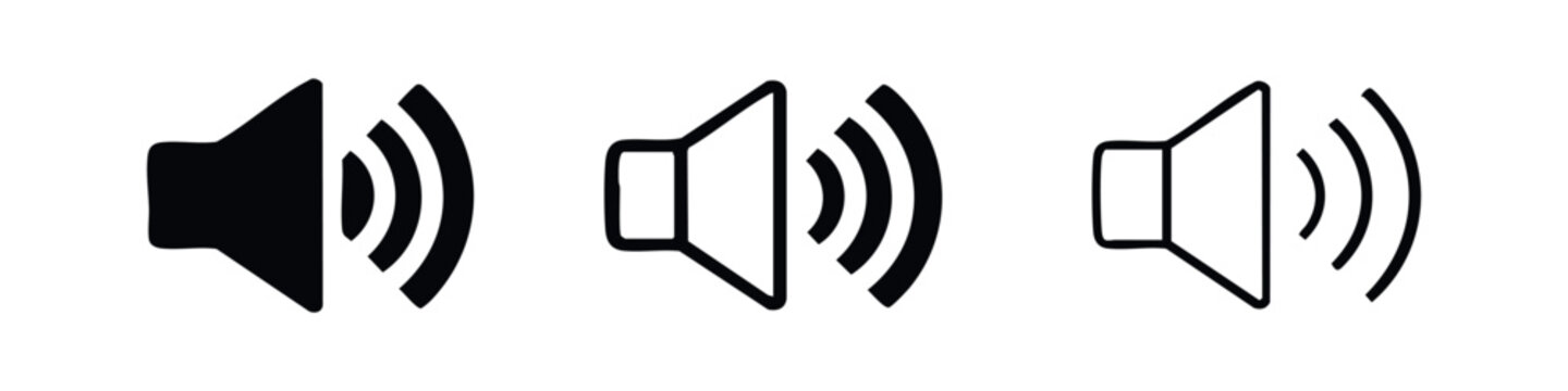 Volume icon set. Speaker or audio control symbol for sound adjustment with waves.