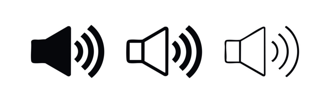 Volume icon set. Speaker or audio control symbol for sound adjustment with waves.