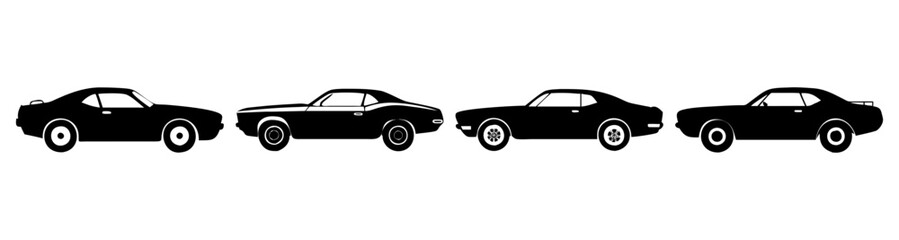 Fototapeta premium Row of vintage muscle cars parked side by side in black and white classic automotive showcase with timeless design