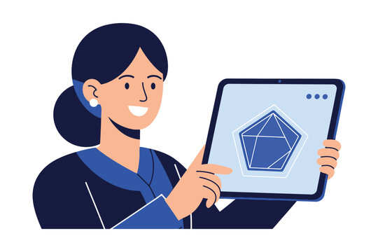 Woman holding a tablet with a blue gemstone on the screen