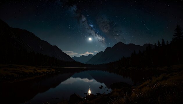 moon over the lake with beautiful stars