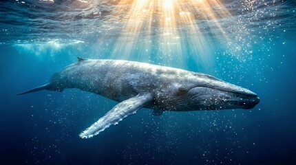 Fototapeta premium Majestic Humpback Whale Swimming Underwater with Cinematic Sunlight Beams