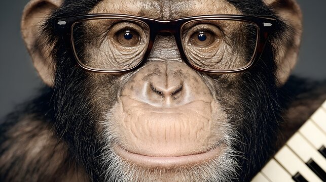 Smart monkey wearing glasses, holding keyboard instrument, with intelligence and playfulness