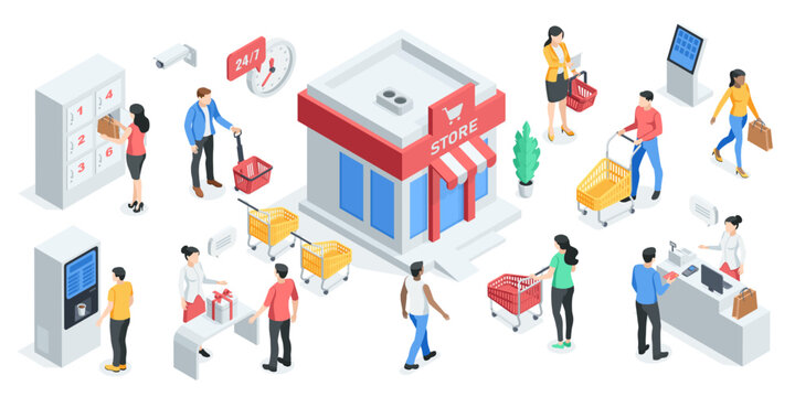 Isometric vector people with baskets and shopping carts near a store, in color on a white background, buyers and sellers or going shopping
