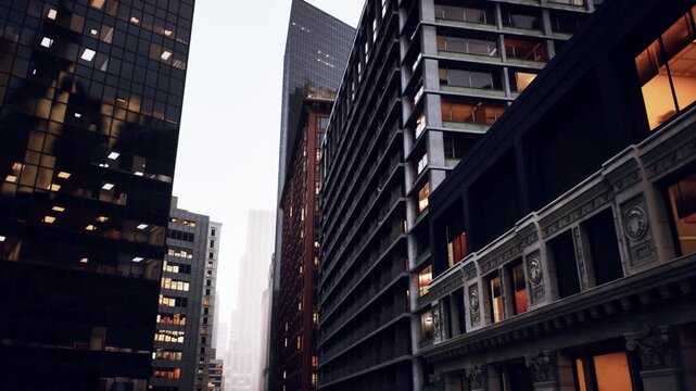 moody downtown street canyon at dusk, towering glass and masonry facades, warm office windows glowing, distant fog narrowing horizon, cinematic vertical