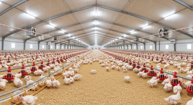 Many white chickens at a modern poultry farm walking around feeders. Domestic fowl at an industrial animal breeding house.