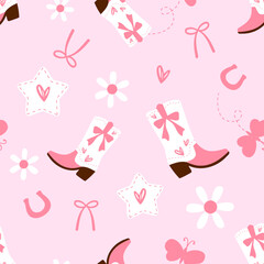 Pink cowboy boots floral seamless pattern cute western girly background design.