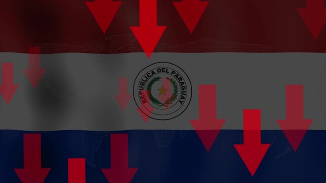 Paraguay's flag is overlaid with a downward trend represented by red arrows, symbolizing a state of economic decline.