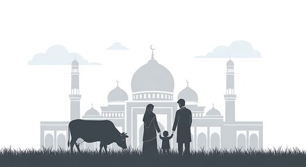 Obraz premium Family silhouette, mosque background, cow grazing, rural landscape, Islamic architecture