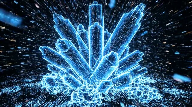 Glowing blue crystal formation in space.