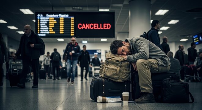 Man sleeping on luggage at airport with cancelled flight information board. Travel disruption and crisis, transportation delay concept.