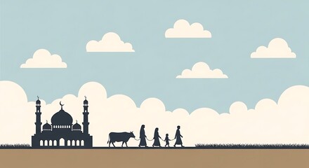 Obraz premium Islamic architecture, mosque silhouette, desert landscape, blue cloudy sky