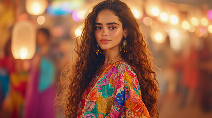 Obraz premium Stunning woman with voluminous dark curls, dressed in vividly patterned top, her captivating gaze set against enchanting glow of lanterns and warm festive lights at evening fair.