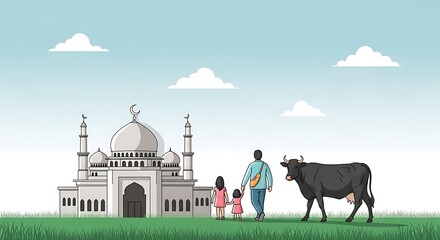 Obraz premium Mosque, family, and cow, illustration of a serene scene, white building with dome, green grass