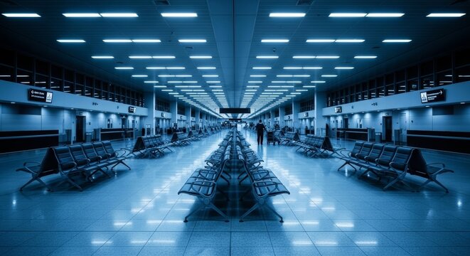 Man pushing luggage cart in empty airport terminal hall. Long perspective of waiting area with bench rows. Travel and transport concept.
