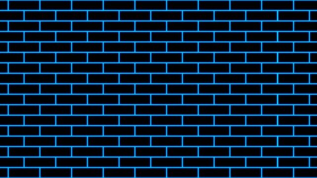 Glowing blue outline brick wall seamless loop animation moving horizontally from right to left on black background. 4K animated glowing brick backdrop for background loop, vj loop, and motion graphic.