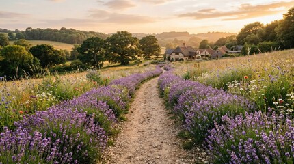 Fototapeta premium A picturesque path of lavender leading towards a charming village. The scene exudes tranquility and natural beauty. The lavender is in full bloom.