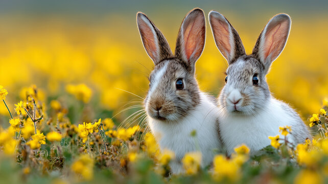 Cute rabbits playing and running in spring meadow warm sunlight dreamy nature Easter concept background