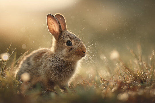 Cute rabbits playing and running in spring meadow warm sunlight dreamy nature Easter concept background