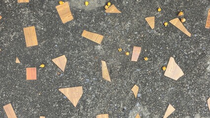 Fototapeta premium Wood fragments and seeds on cement. Rough concrete texture background with scattered wood pattern tile fragments and small yellow seeds. Ideal for abstract design and backgrounds.