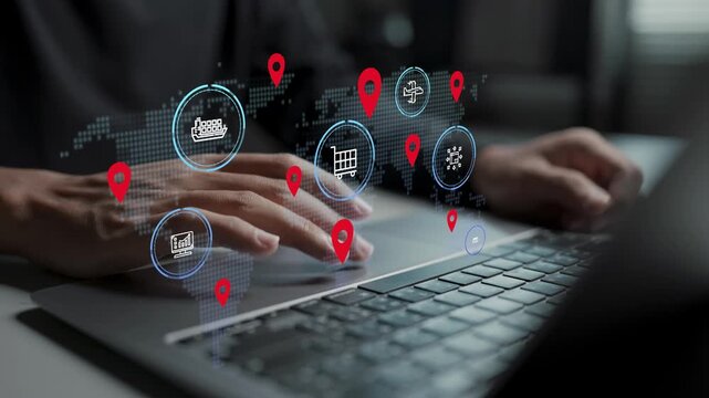 Transportation and logistics management concept. Person using laptop with delivery and shipping icons, supply chain management, cargo transport and distribution network.