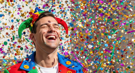 Fototapeta premium Joyful man celebrating with laughter and confetti in a colorful festive atmosphere, perfect for April Fool's Day and Laughter Day celebrations.