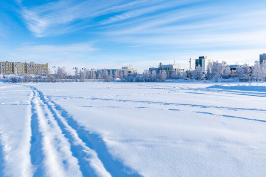 Winter landscape with snow covered frozen lake in Yellowknife, Northwest Territories, Canada