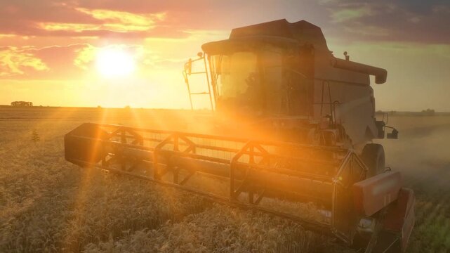 Combine harvester working on the wheat field at sunset, low angle view - close up, slow motion. Beautiful rural summer landscape. Food production, agriculture concept.