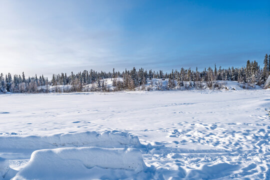 Winter landscape with frozen lake near Yellowknife, Northwest Territories, Canada