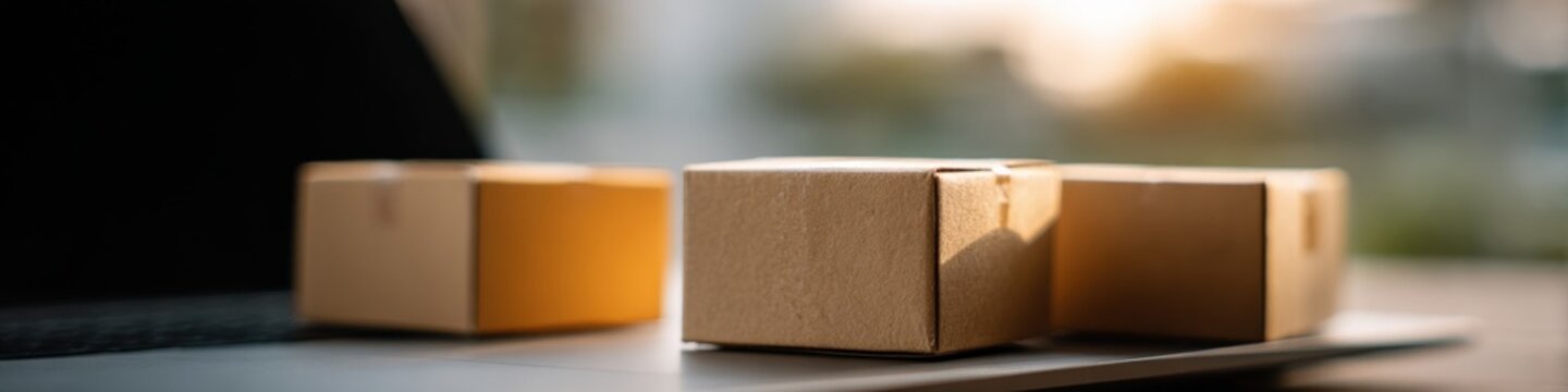 Small cardboard parcels on car trunk outdoor parcel delivery close up bokeh background ready for transport