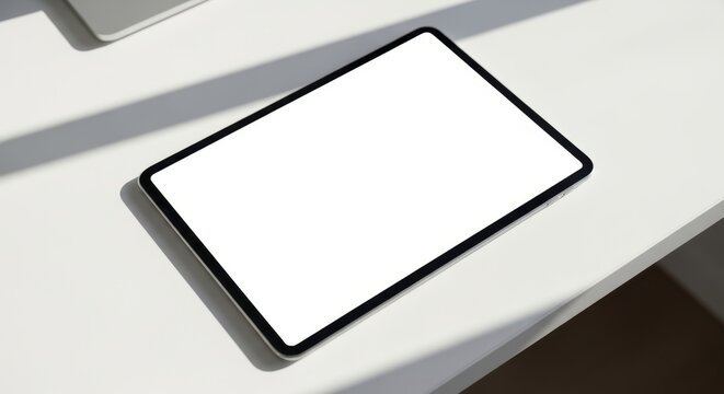 tablet with blank white screen lying on clean white desk with natural sunlight shadows, top view modern workspace, copyspace for app or web display, digital marketing, app development, ui design