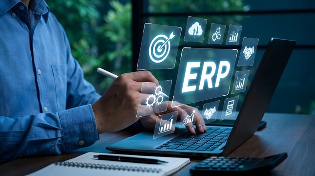 Business professional analyzing ERP software on laptop with digital icons in modern office