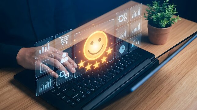 Happy customer service agent typing on laptop with glowing smiley face hologram for positive user experience