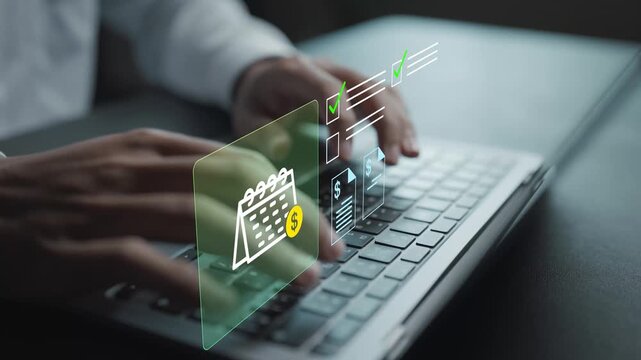 Budget planning and expense management concept. Person using laptop with financial planning and expense tracking icons, cost control, budgeting and financial management.