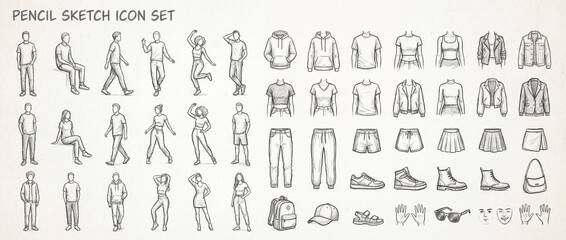 Fototapeta premium Sketches of people and clothing styles in simple designs for various activities and occasions