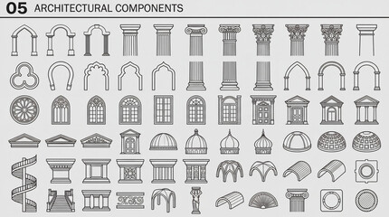 Naklejka premium Different types of architectural components featuring various columns, arches, and domes displayed in a detailed manner