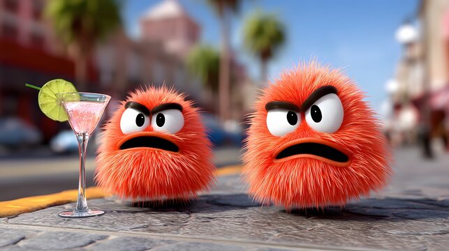 Two fuzzy red creatures display grumpy expressions with a cocktail nearby