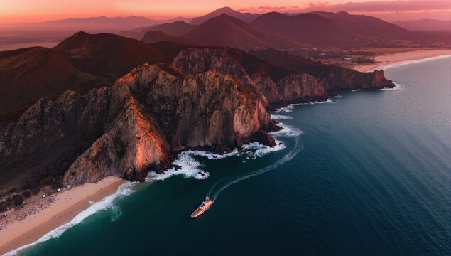 Aerial view of rock cliff and coast, sea water in sunset. Flying above mountains and beach and mooving boat. Aerial top view.
