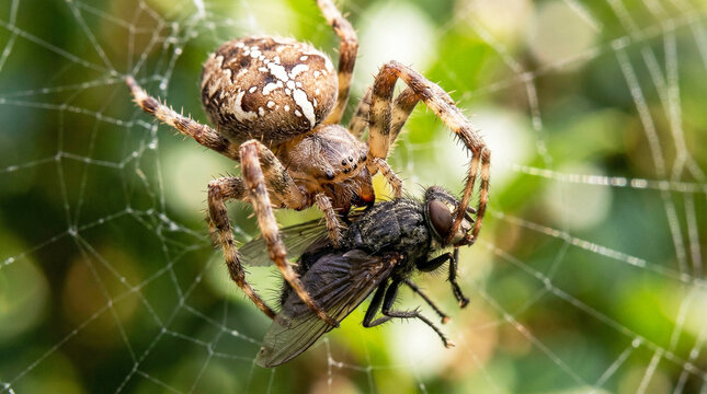 Orb weaver spider devours a fly in a garden web. Patterned abdomen and taut silk strands convey a tense daytime mood.
