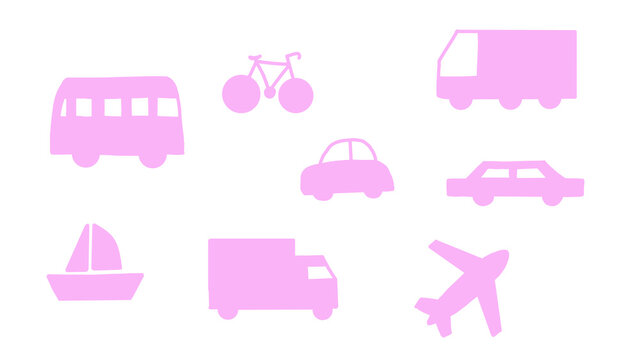 Transparent Background: Pink Transportation Icons Set Including Bus, Car, Truck, Airplane, Bicycle, and Sailboat Silhouettes Isolated on White