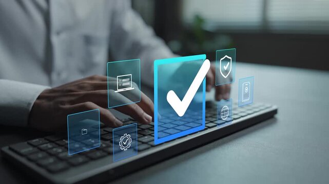 Digital approval and business compliance concept. Person typing keyboard with approval workflow and compliance icons, document authorization, regulatory adherence and corporate governance.