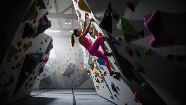 woman climber in silhouette in bouldering gym, sporty girl in pink sportswear mooving up on climbing wall, traning and execute exercise
