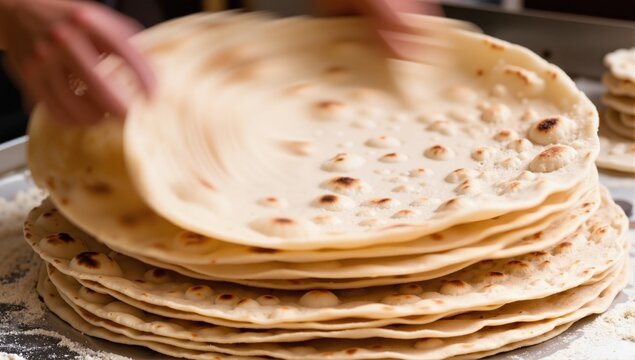 large thin sheets of lebanese bread called markook being set in a pile with rapid mooves with motion blur
