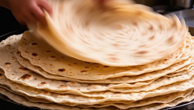 large thin sheets of lebanese bread called markook being set in a pile with rapid mooves with motion blur
