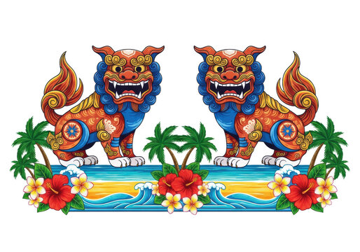 highly stylized vector art of two traditional okinawan shisa lion-dogs, rendered in terracotta, royal blue, and gold, above a tropical beach border with palms and hibiscus, cultural guardian concept