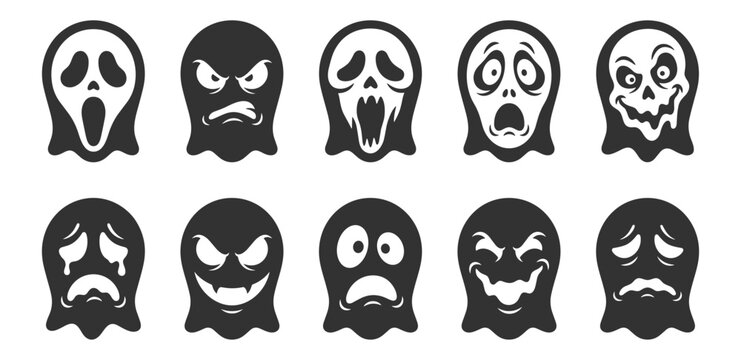 set of ten monochrome ghost face icons with different horror expressions vector artwork on transparent background